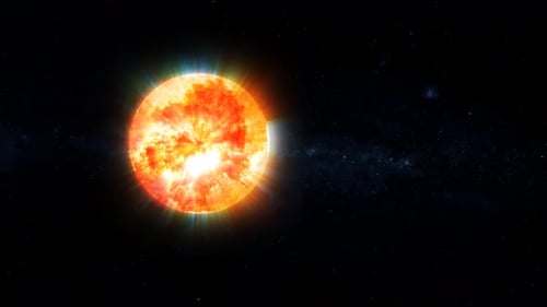Realistische, glühende Sonne bewegt sich in 3D im Weltraum