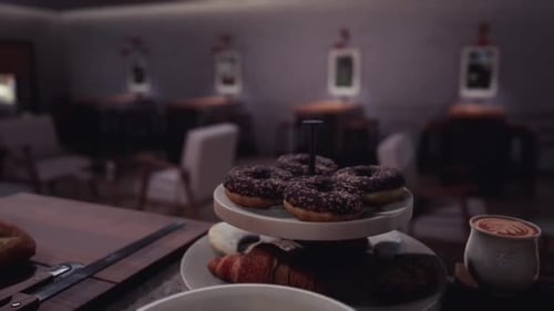 Pastry Display with Donuts and Croissants in a Cozy Cafe Setting