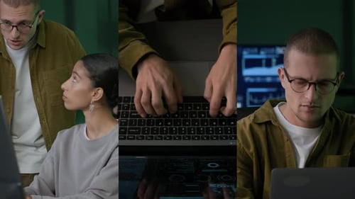 Geteilter Bildschirm mit verschiedenen IT-Spezialisten, die nachts im Büro arbeiten