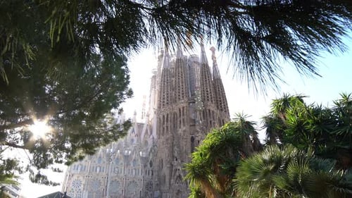 Slight dolly forward of La Sagrada Familia from the park opposite, Barcelona