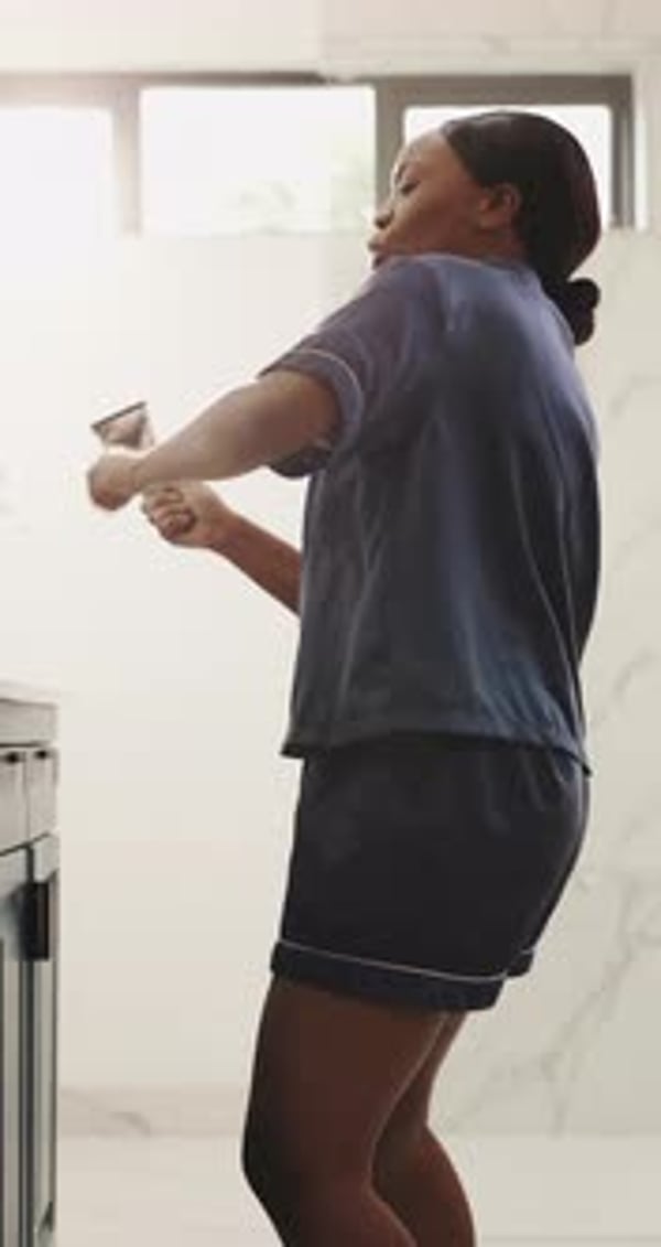 Mirror, hair brush and black woman singing in bathroom for morning ...