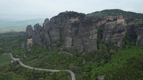 Aerial View of Meteora Monastery on a Cliff