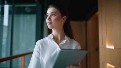 Successful Businesswoman Walking Business Center Corridor Holding Tablet Closeup