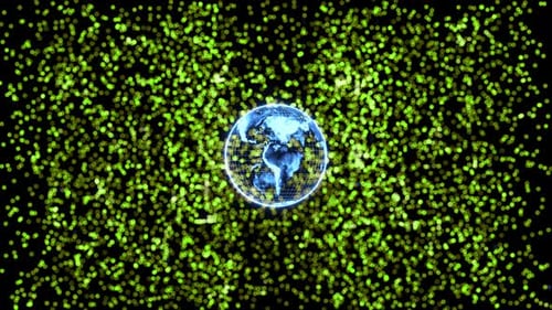 Rotating blue planet against green blurred background of particles and dots