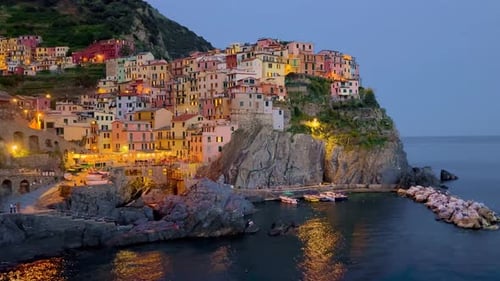 Aerial Sunset View of Colorful Cinque Terre Villages on the Italian Mediterranean Coast