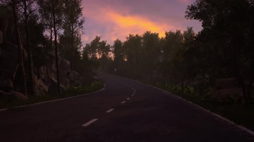 Serene Forest Road at Sunset with Vibrant Sky