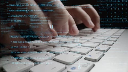 Hands on Keyboard Surrounded by Code and Data in a Dark Environment Representing Programming, Techno