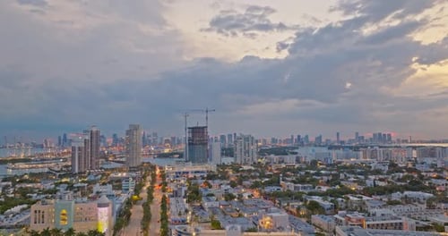 Aerial Top Drone View of Miami Beach on Sunset Skyline of Miami Florida Miami Aerial View FL USA
