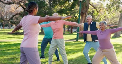 Adults Stretch Together in Park with Yoga Instructor