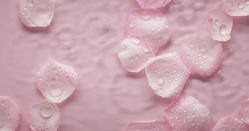 Pétales de rose roses délicats flottant sur l'eau avec des gouttes de pluie fraîches