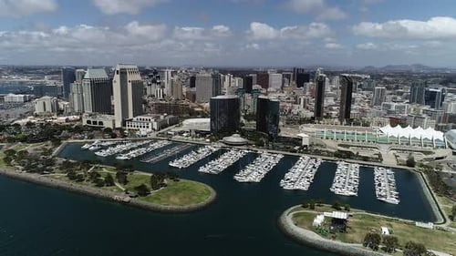 Aerial Panorama of Yachts at San Diego Marina and Embarcadero Skyline 4k
