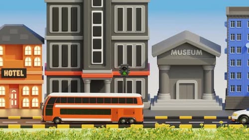 City Traffic Bustle: Colorful Urban Vehicle Traffic. 3D Animation