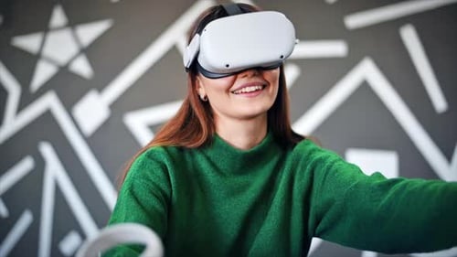 Woman Enjoys Virtual Reality Gaming Experience with Headset