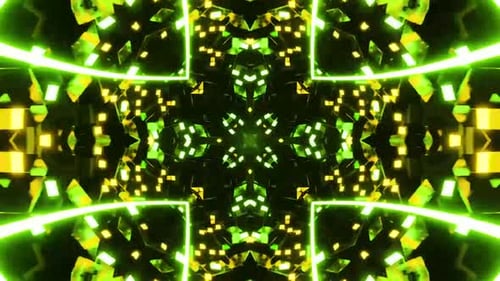 Dynamic neon geometric tunnel with glowing lights and movement
