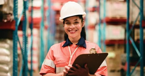 Clipboard, face and inspection with woman in warehouse for stock, storage or quality control