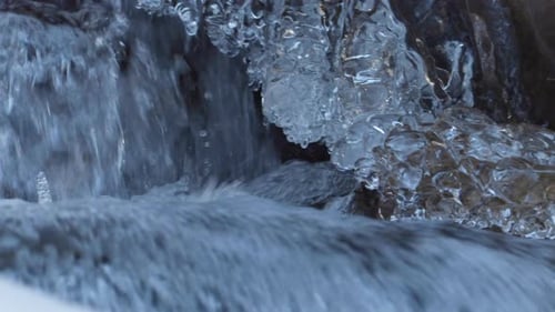 Detail shot of river water flowing during winter with icicles on the side, pan right