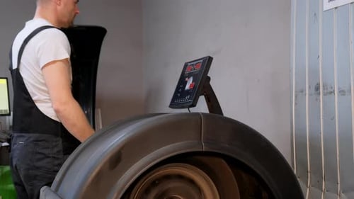 Man Balancing Tire on Machine in Garage Working on Motor Vehicle