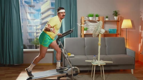 Man Running on Treadmill with Vintage Exercise Style