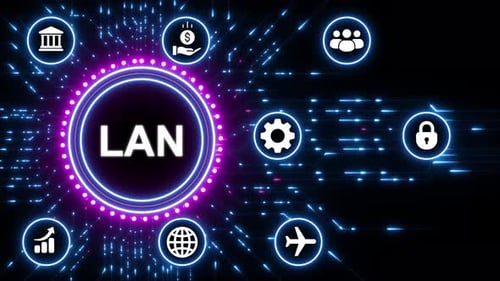 Concepto de red LAN con círculo de neón brillante e íconos tecnológicos circundantes sobre fondo oscuro