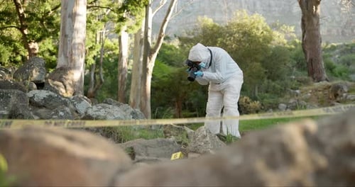 Forensic, photographer and investigation at crime scene for evidence in forest with police tape