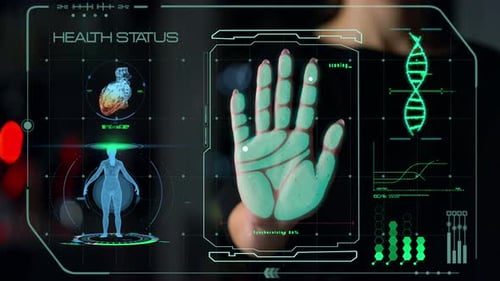 Hand scanner analyzing biometrical data displaying medical info in futuristic technology