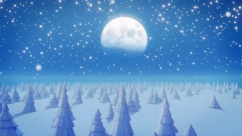 Enchanted Snowy Forest with Full Moon and Shimmering Stars