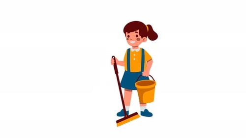 Animated Flat Design Girl Cleaning with Mop and Bucket