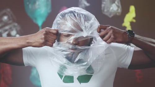 La crise environnementale illustrée par un portrait théâtral d'une figure suffocante met en lumière les dangers du plastique