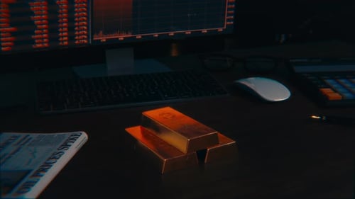 Oil Crisis Newspaper And Gold Bars With Red Stock Market Crash Monitor