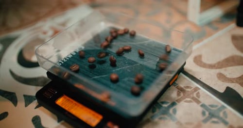 Coffee Beans Weighed on Digital Scales Close-Up