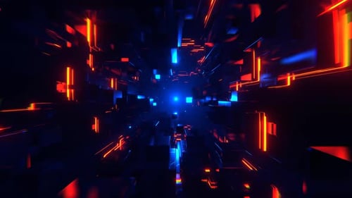 Blue And Orange Futuristic Cubic Strobe Neon Corridor Background Vj Loop I 4K