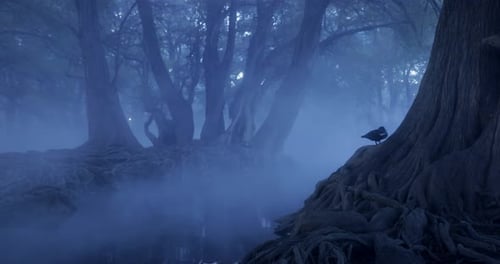 À l'aube, un canard se repose sur les racines énormes et prononcées des arbres qui émergent d'un lac. Un patio sec