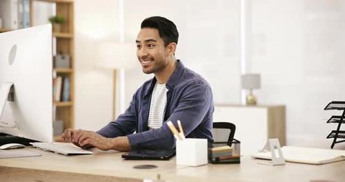 Smile, businessman at desk with computer and typing email, research or online article