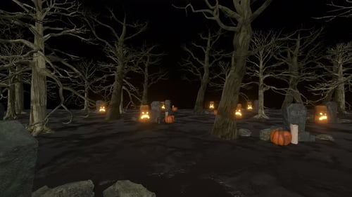 Spooky Halloween Graveyard Scene with Glowing Pumpkins