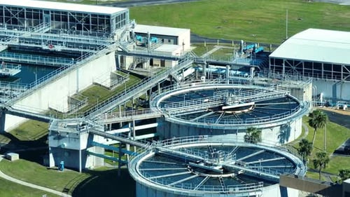 Aerial View of Modern Water Cleaning Facility at Urban Wastewater Treatment Plant