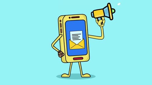 Animated Cartoon Phone Character with Megaphone Broadcasting Email Message