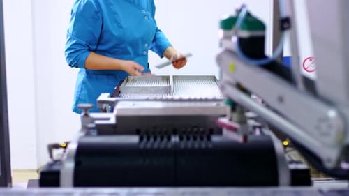 Pharmaceutical worker loads medical vials at automated pharmaceutical production line