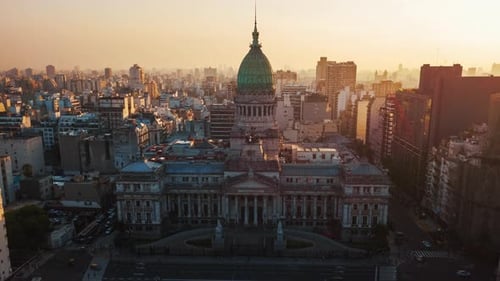 Aerial Timelapse of the Congress Building in the City of Buenos Aires at Sunset Argentina