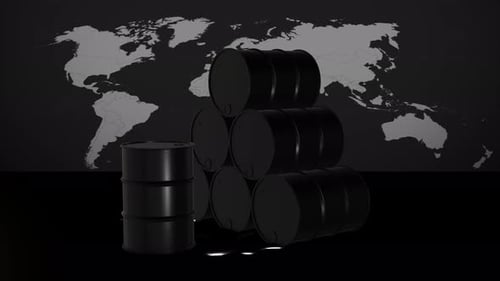 Crude Oil barrels stacked on a black background with a world map in the background