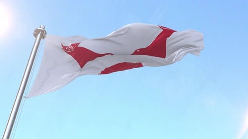 White Flag with Red Emblem Waving in Blue Sky