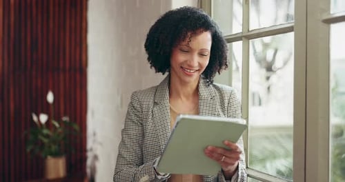 Business, tablet and woman in office, typing or creative agency with publishing company