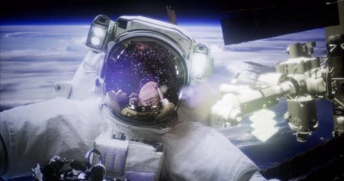 Astronaut erkundet nachts den Weltraum in der Nähe der Internationalen Raumstation