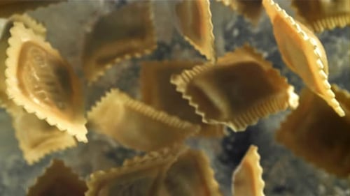 Ravioli Fly Up and Fall Down Filmed on a Highspeed Camera at 1000 Fps