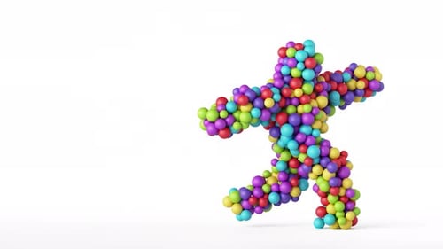 Tolle 3D-Animation mit Alphakanal, fröhliche Zeichentrickfigur aus bunten Kugeln