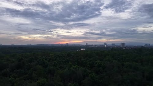 Coucher de soleil panoramique sur des forêts verdoyantes
