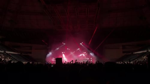 Energetic Concert Crowd with Laser Lights and Stage