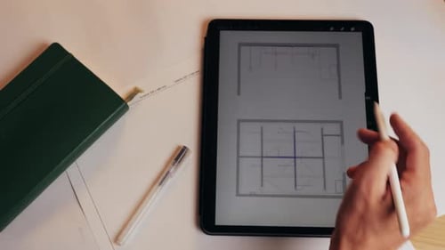 Designer Drawing Interior Plan on a Tablet
