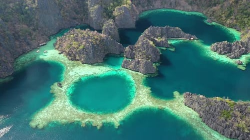 Drone Aerial View of Twin Lagoon, Coron Island, Philippines. Breathtaking Exotic Tropical Travel Des