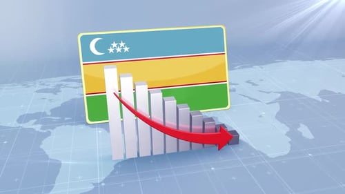 Flagge und Balkendiagramm von Karakalpakstan mit sinkenden Werten, Konzept der Wirtschaftskrise