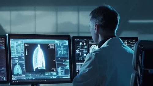 Doctor Working at Futuristic Office Multiple Monitors Displaying Medical Images Data and Body Scans